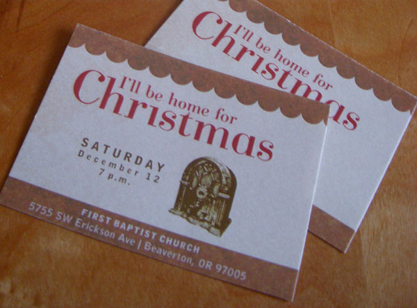 One of three ticket designs. The bands of color at the top and bottom are different for each performance. The other two colors are red - like the invite, and chocolate brown - like the radio.